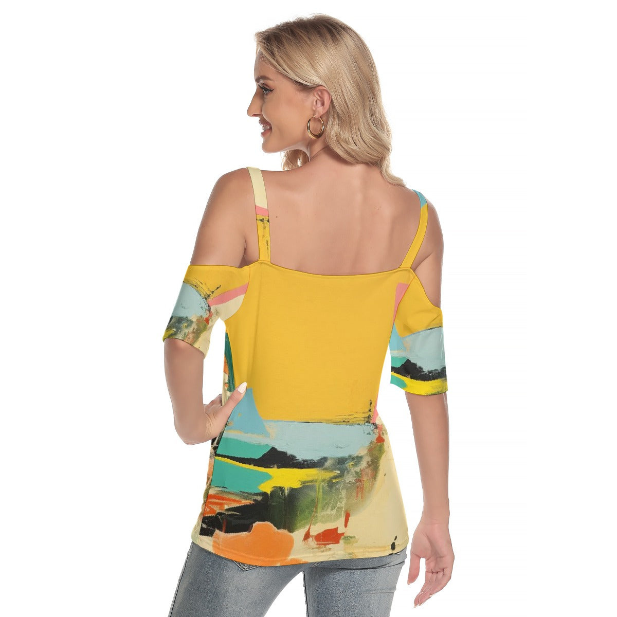 All-Over Print Women's Cold Shoulder T-shirt With Criss Cross Strips