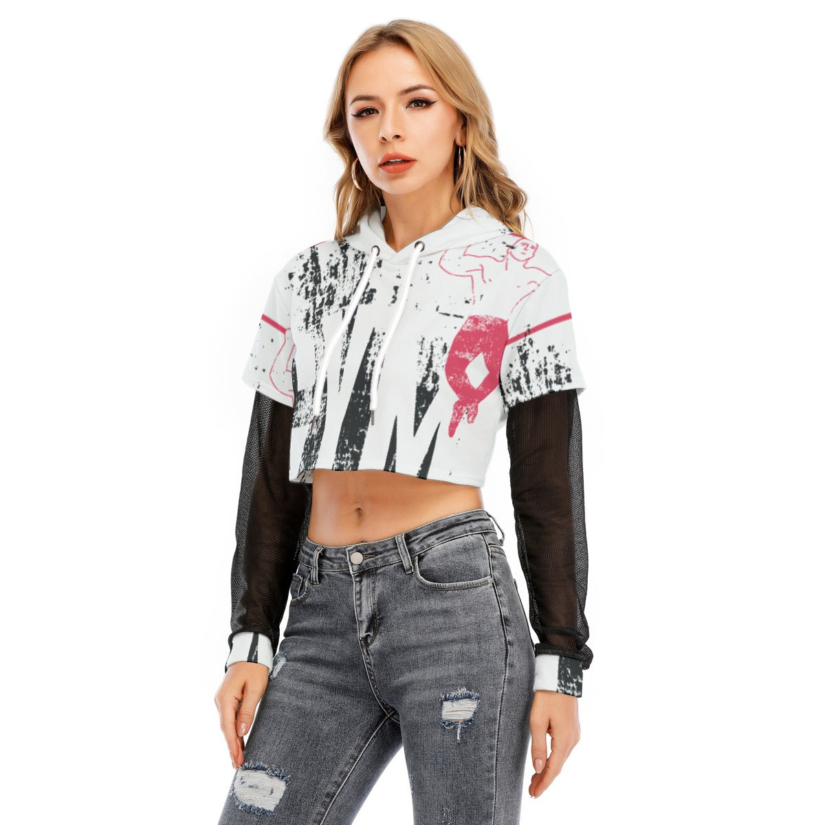 All-Over Print Women's Fake Two-piece Mesh Sleeve Cropped Hoodie