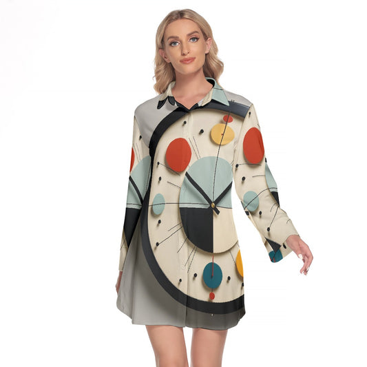 All-Over Print Women's Lapel Shirt Dress With Long Sleeve