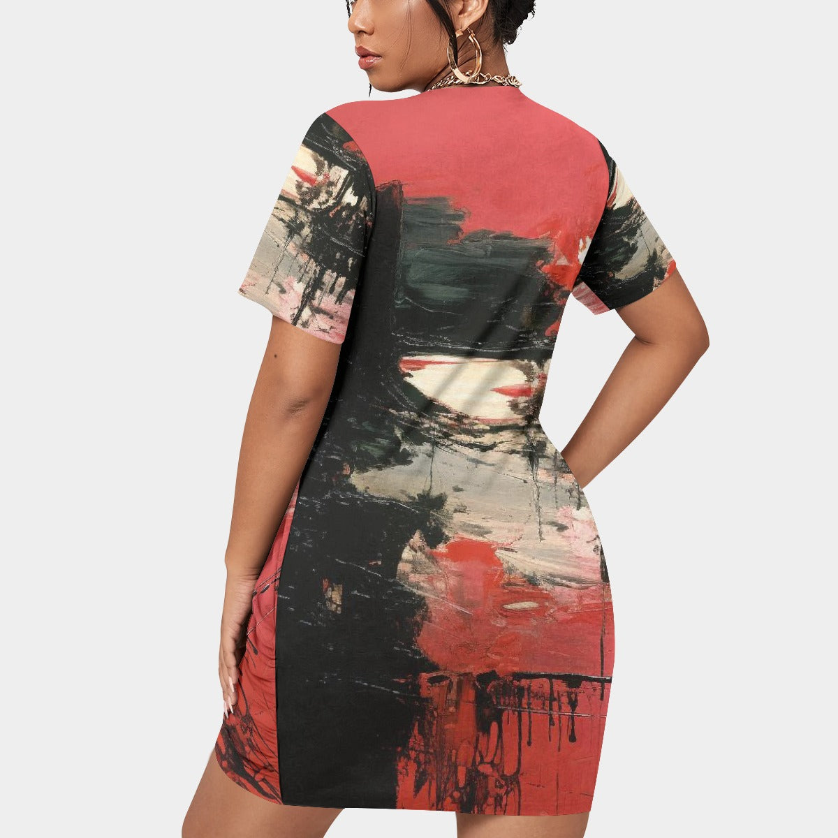 All-Over Print Women’s Stacked Hem Dress With Short Sleeve（Plus Size）