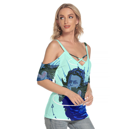 All-Over Print Women's Cold Shoulder T-shirt With Criss Cross Strips