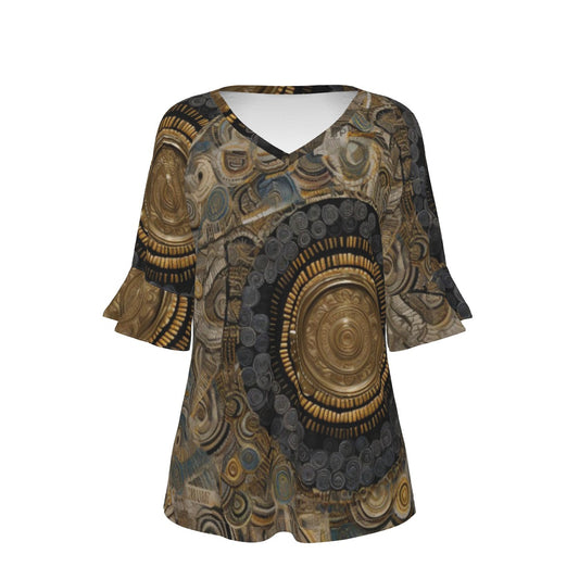 All-Over Print V-neck Women's T-shirt With Bell Sleeve