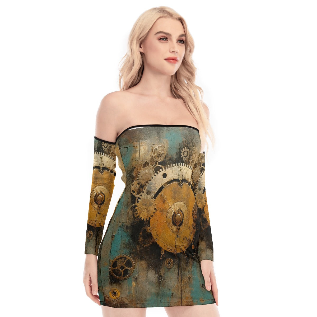 All-Over Print Women's Off-shoulder Back Lace-up Dress