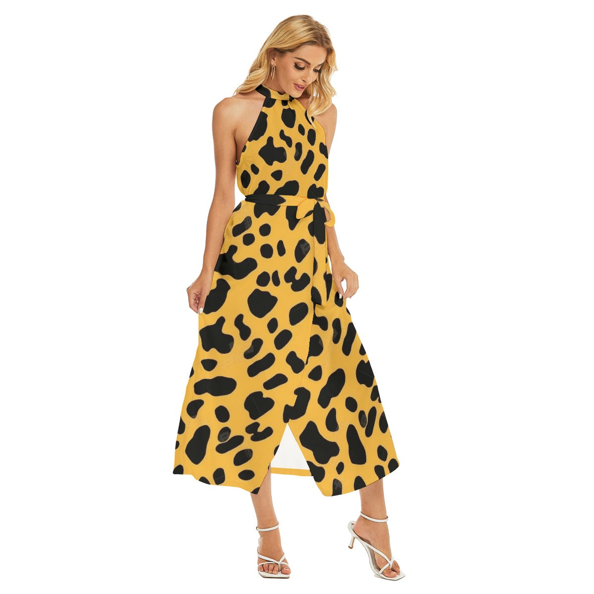 All-Over Print Women's Wrap Hem Belted Halter Dress