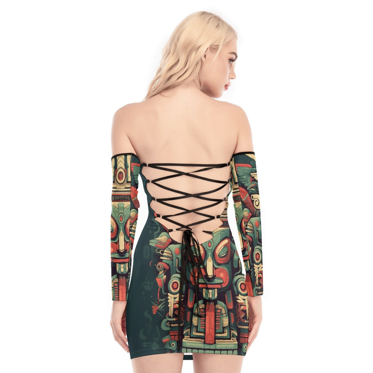 All-Over Print Women's Off-shoulder Back Lace-up Dress