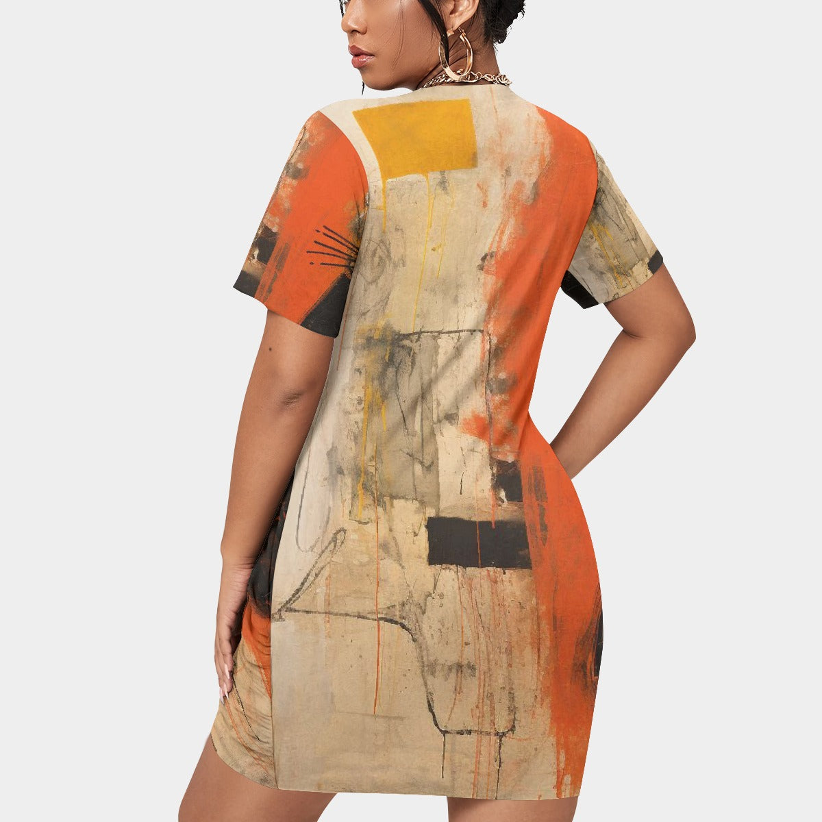 All-Over Print Women’s Stacked Hem Dress With Short Sleeve（Plus Size）