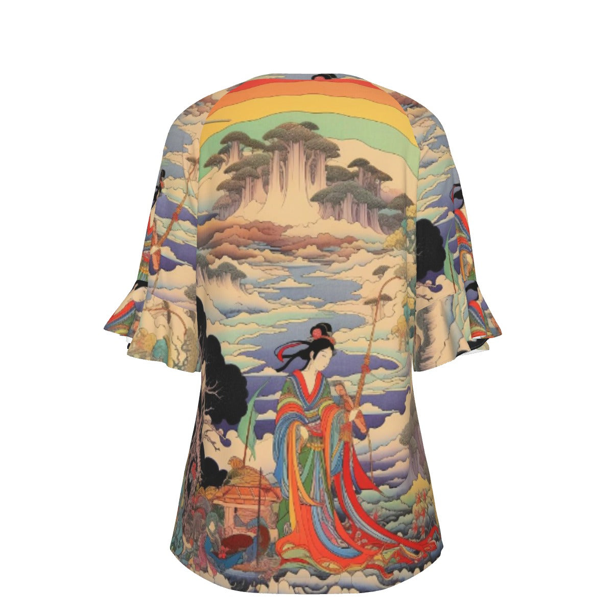 All-Over Print V-neck Women's T-shirt With Bell Sleeve