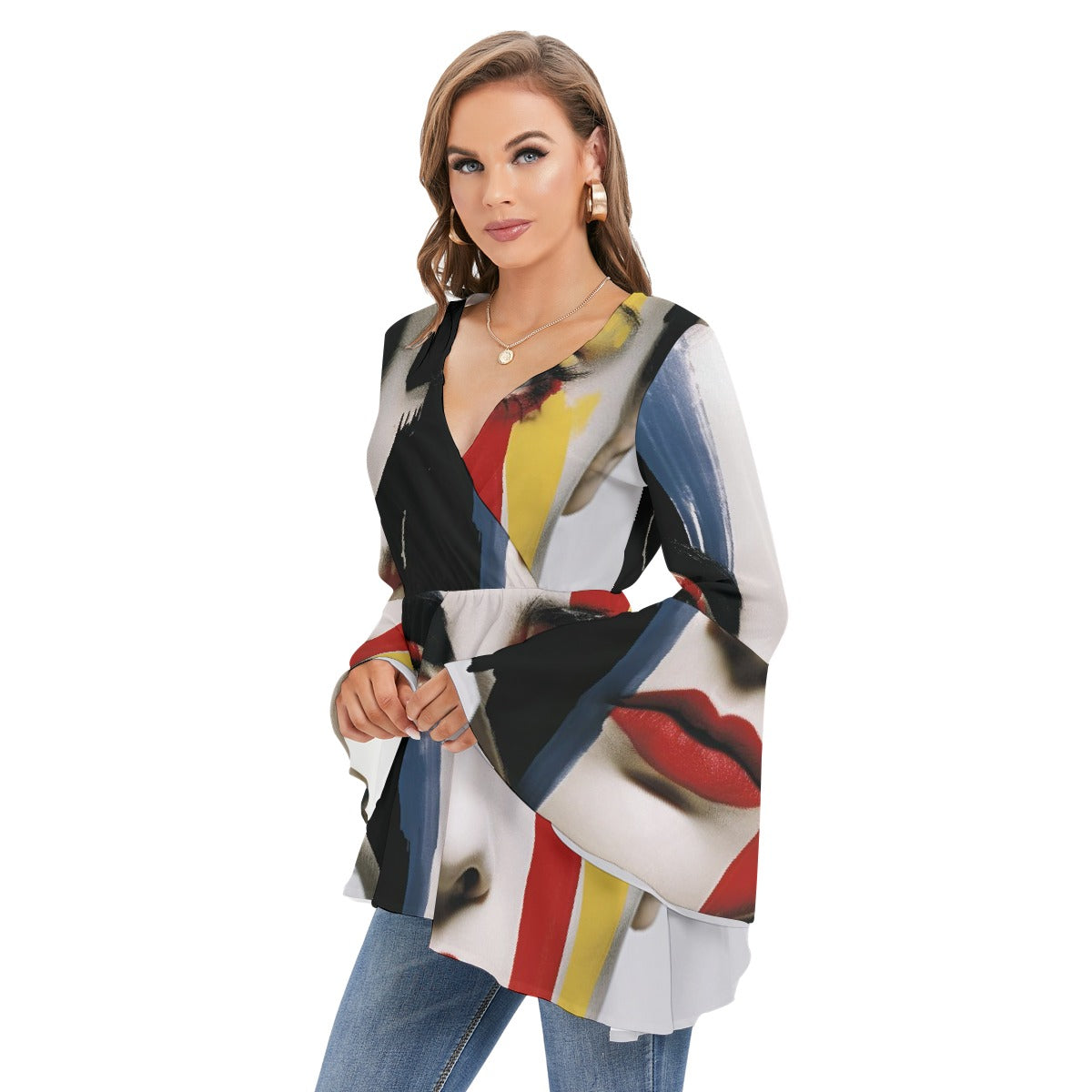 All-Over Print Women's V-neck Blouse With Flared Sleeves