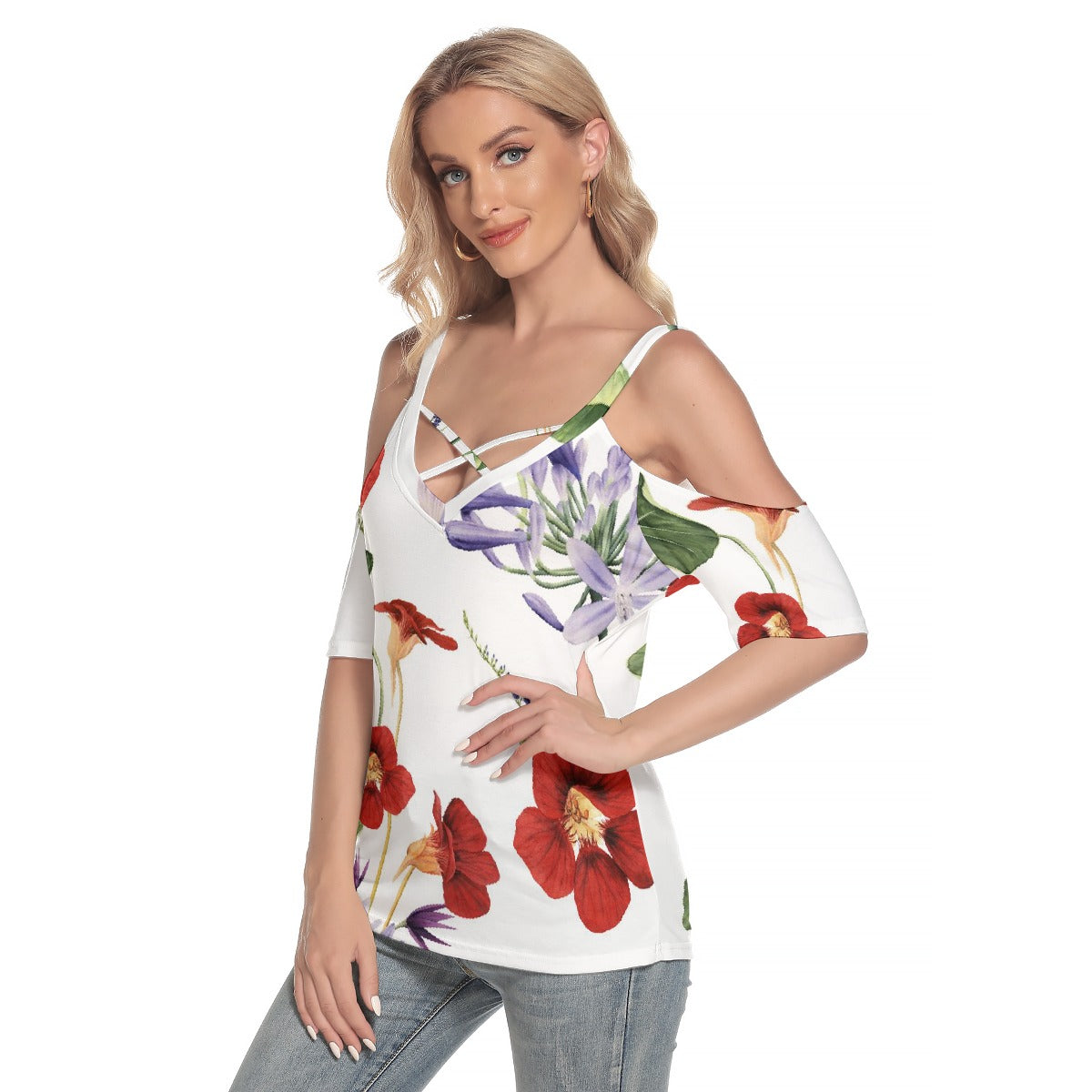 All-Over Print Women's Cold Shoulder T-shirt With Criss Cross Strips