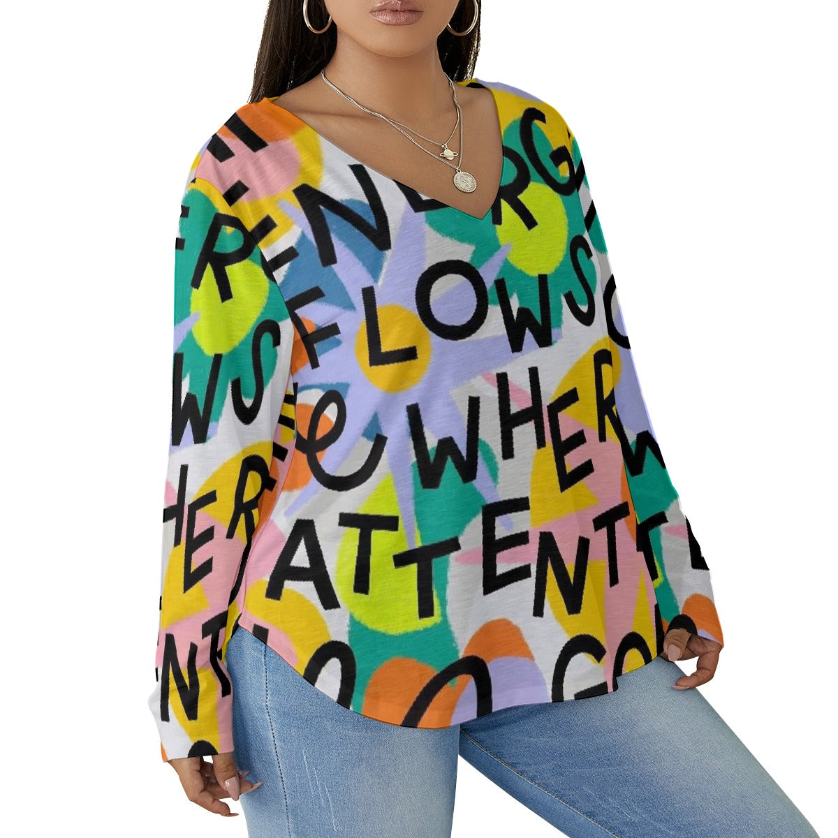 All-Over Print Women's V-neck T-shirt With Curved Hem(Plus Size)