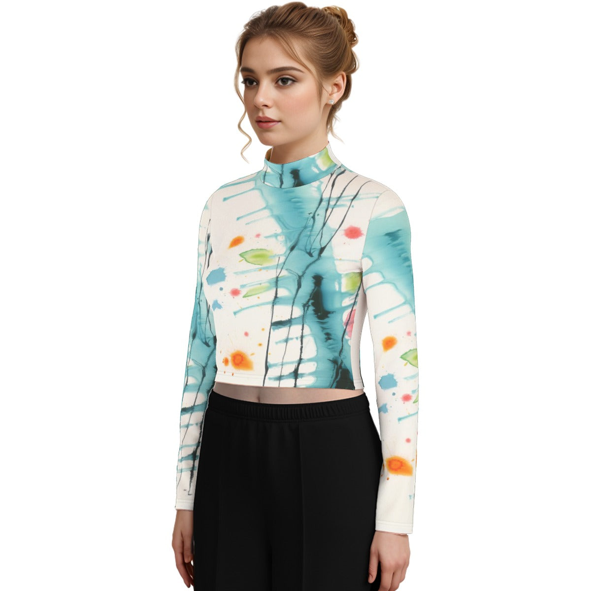 Eco-Friendly All-Over Print Women's Turtleneck T-shirt With Long Sleeve