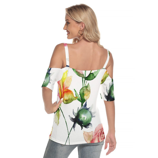 All-Over Print Women's Cold Shoulder T-shirt With Criss Cross Strips