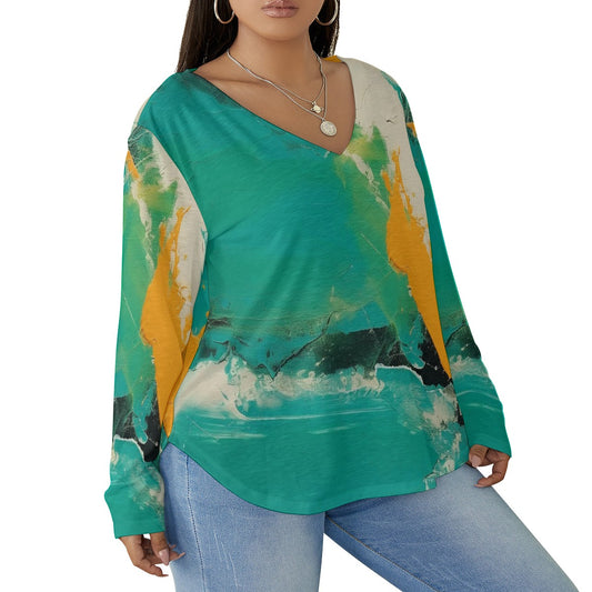 All-Over Print Women's V-neck T-shirt With Curved Hem(Plus Size)