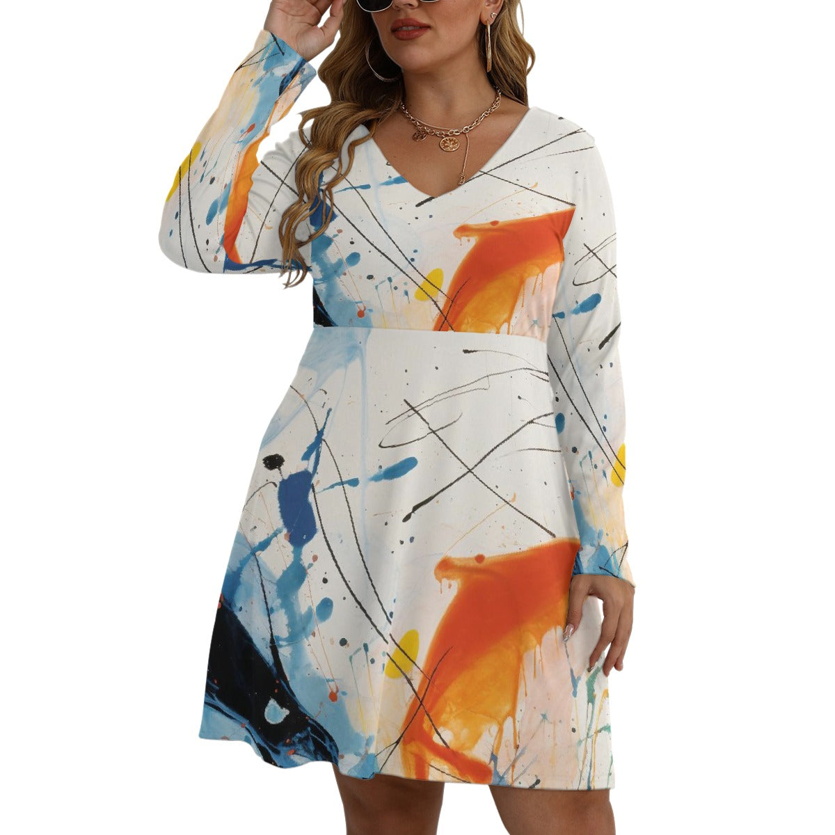 All-Over Print Women's V-neck Long Sleeve Dress(Plus Size)