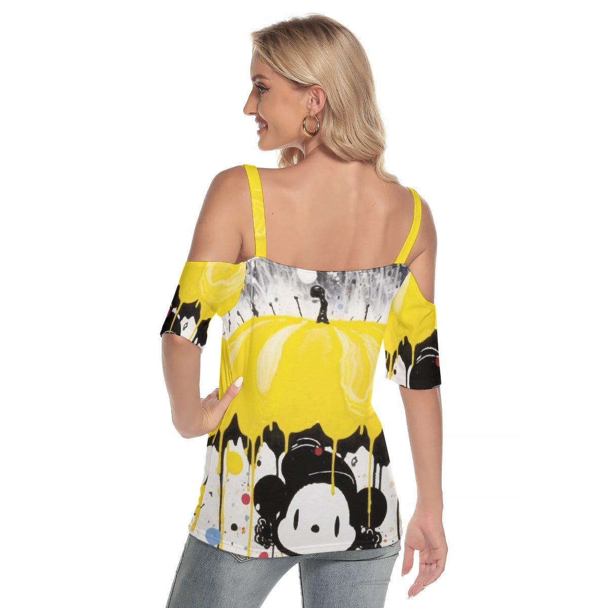 All-Over Print Women's Cold Shoulder T-shirt With Criss Cross Strips