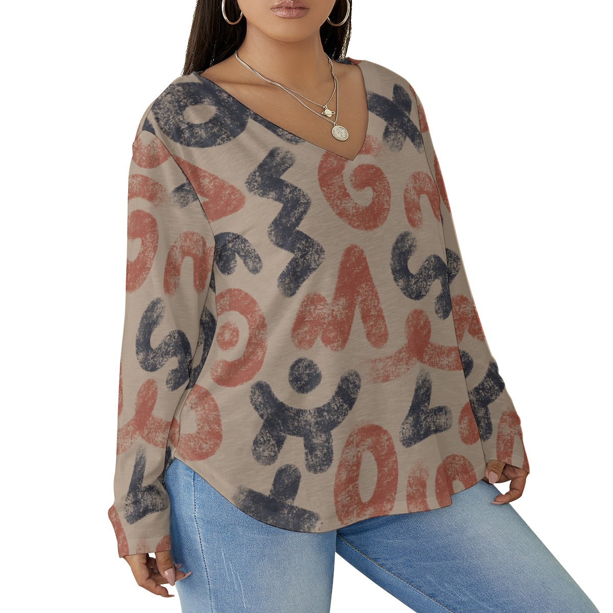 All-Over Print Women's V-neck T-shirt With Curved Hem(Plus Size)