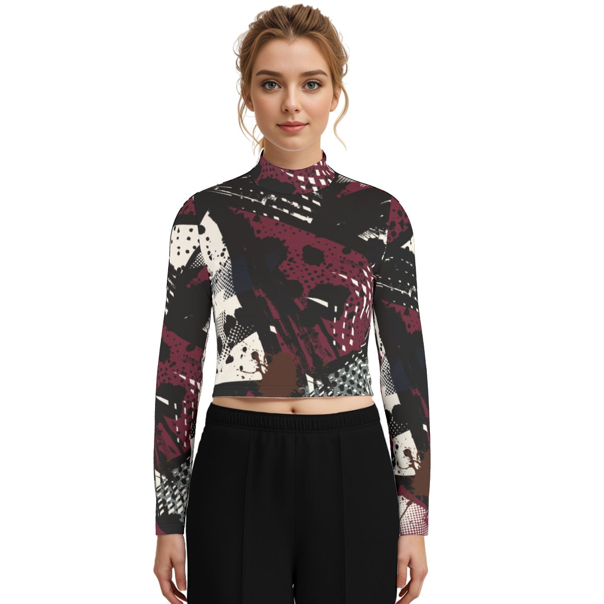 Eco-Friendly All-Over Print Women's Turtleneck T-shirt With Long Sleeve