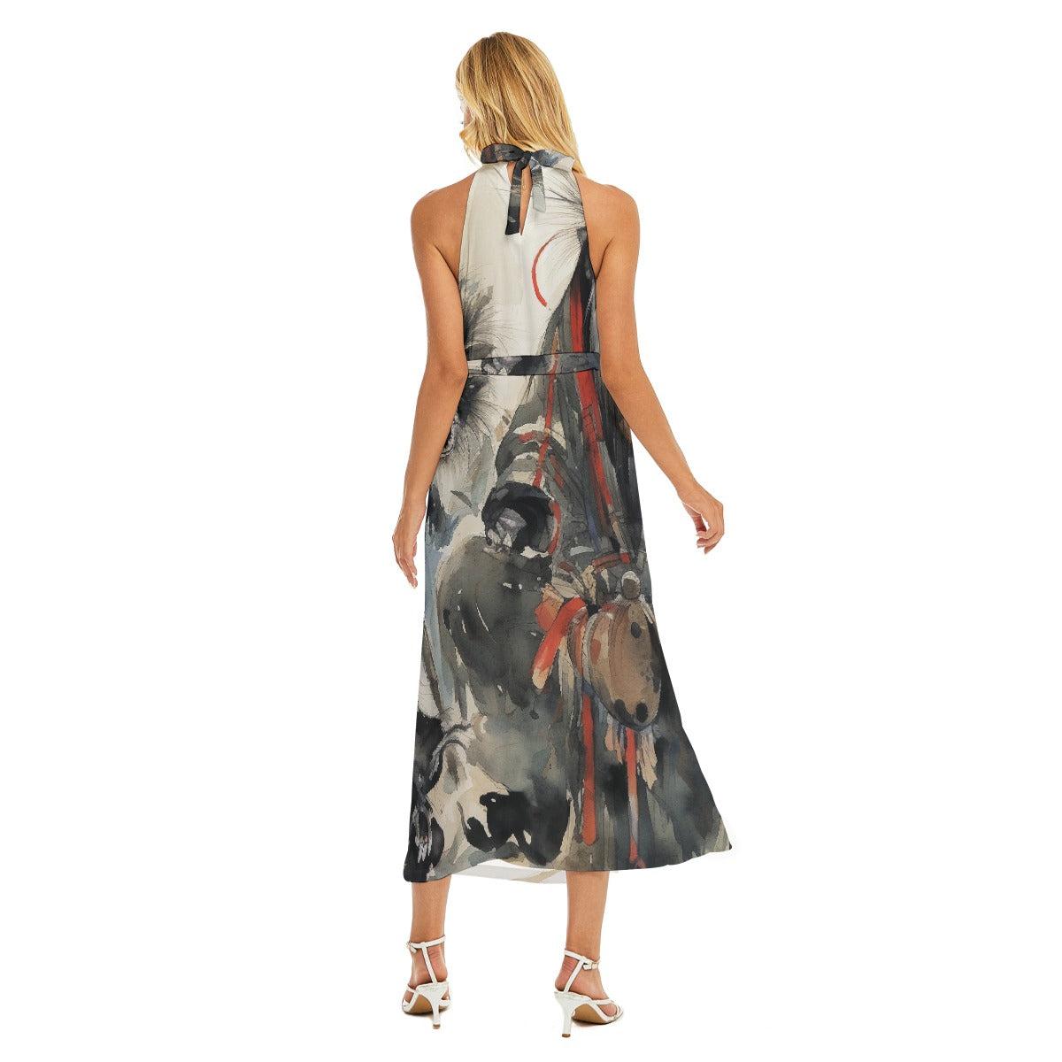 All-Over Print Women's Wrap Hem Belted Halter Dress