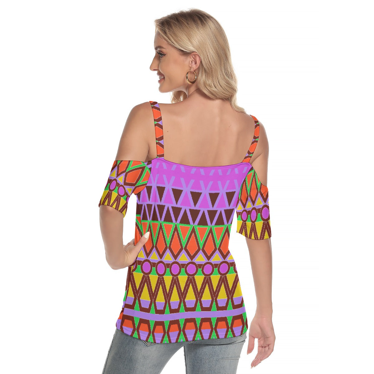 All-Over Print Women's Cold Shoulder T-shirt With Criss Cross Strips