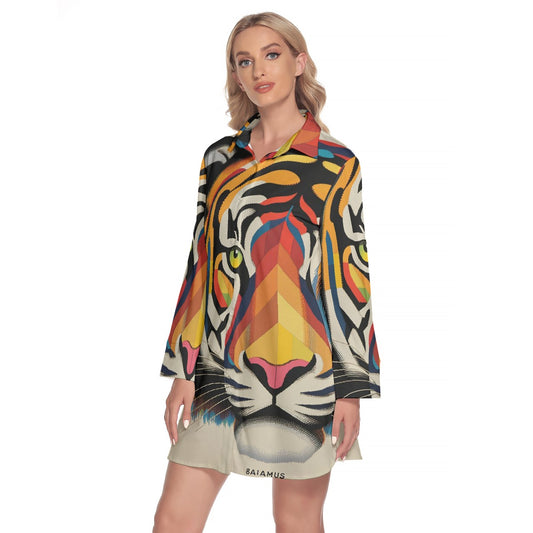 All-Over Print Women's Lapel Shirt Dress With Long Sleeve