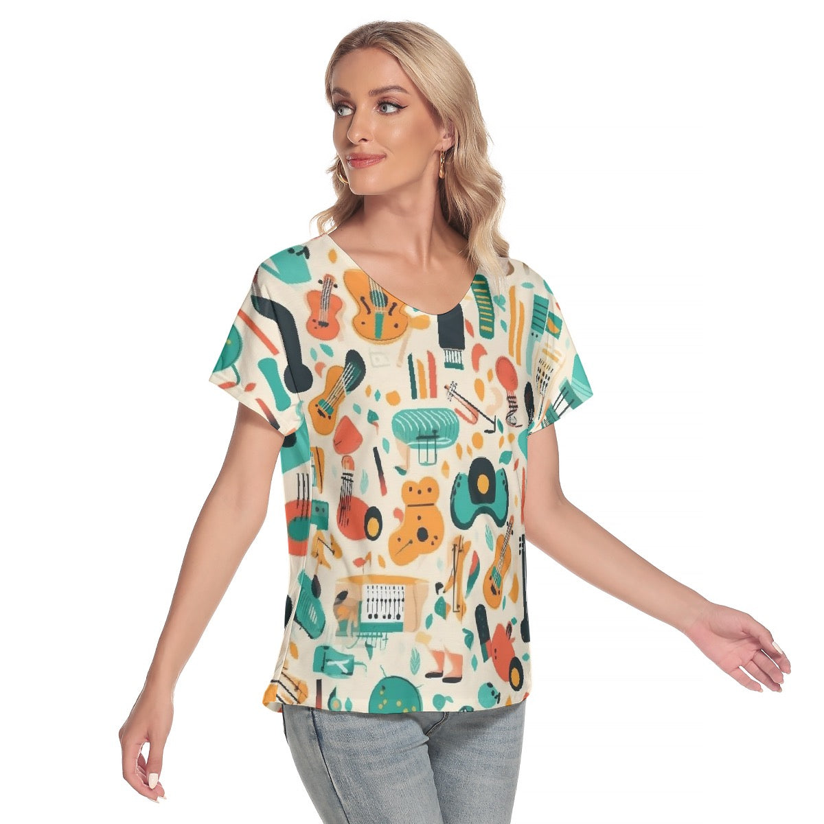 All-Over Print Women's Loose V-neck Short Sleeve T-shirt