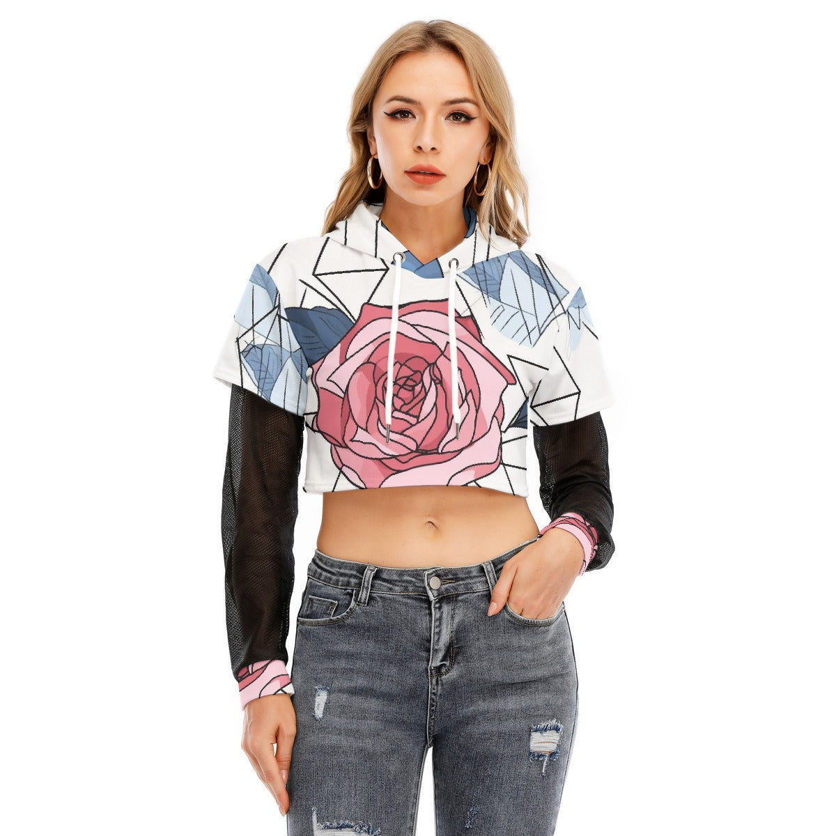 All-Over Print Women's Fake Two-piece Mesh Sleeve Cropped Hoodie