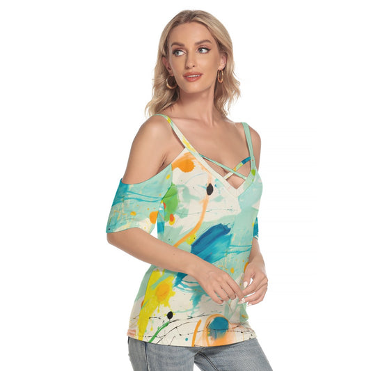 All-Over Print Women's Cold Shoulder T-shirt With Criss Cross Strips