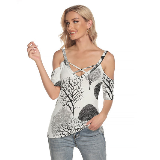 All-Over Print Women's Cold Shoulder T-shirt With Criss Cross Strips