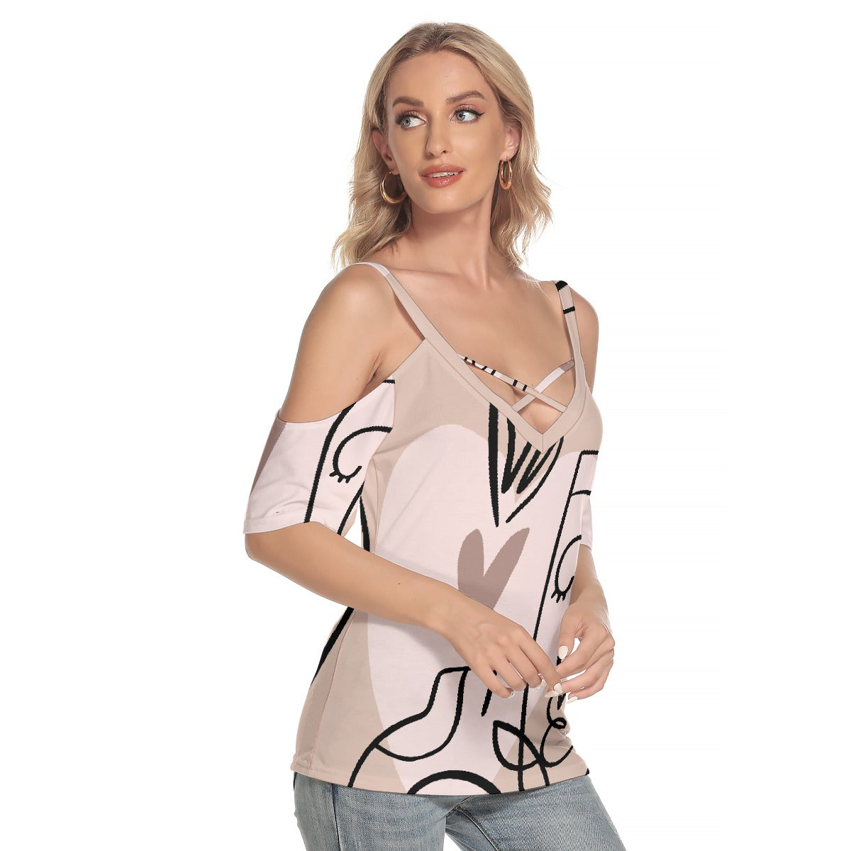 All-Over Print Women's Cold Shoulder T-shirt With Criss Cross Strips