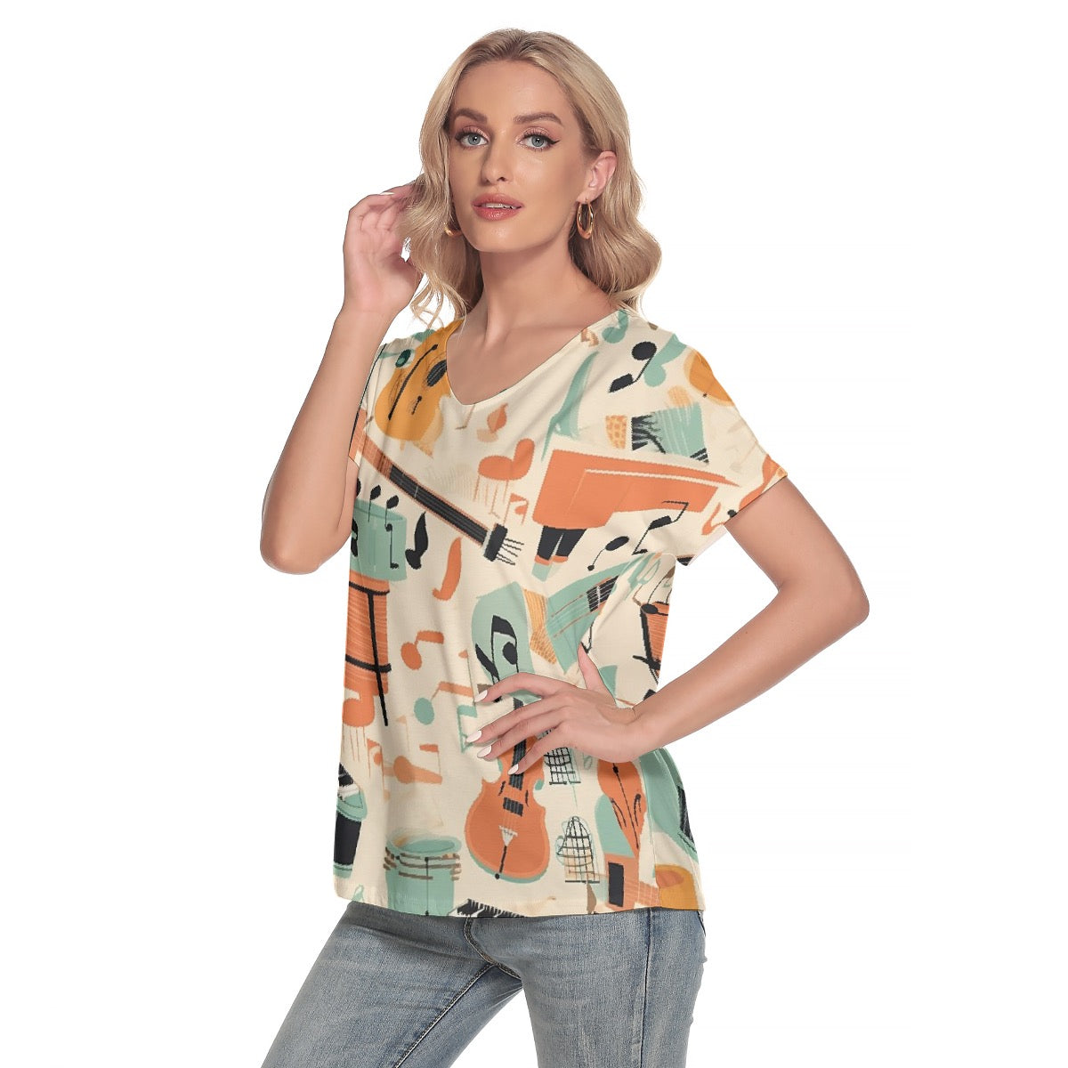 All-Over Print Women's Loose V-neck Short Sleeve T-shirt