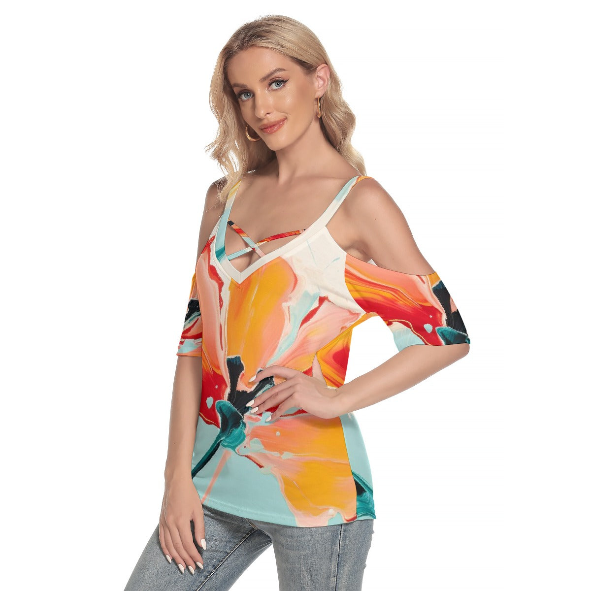 All-Over Print Women's Cold Shoulder T-shirt With Criss Cross Strips