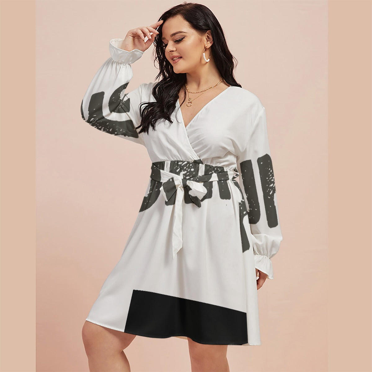 All-Over Print Women's V-neck Dress With Waistband(Plus Size)