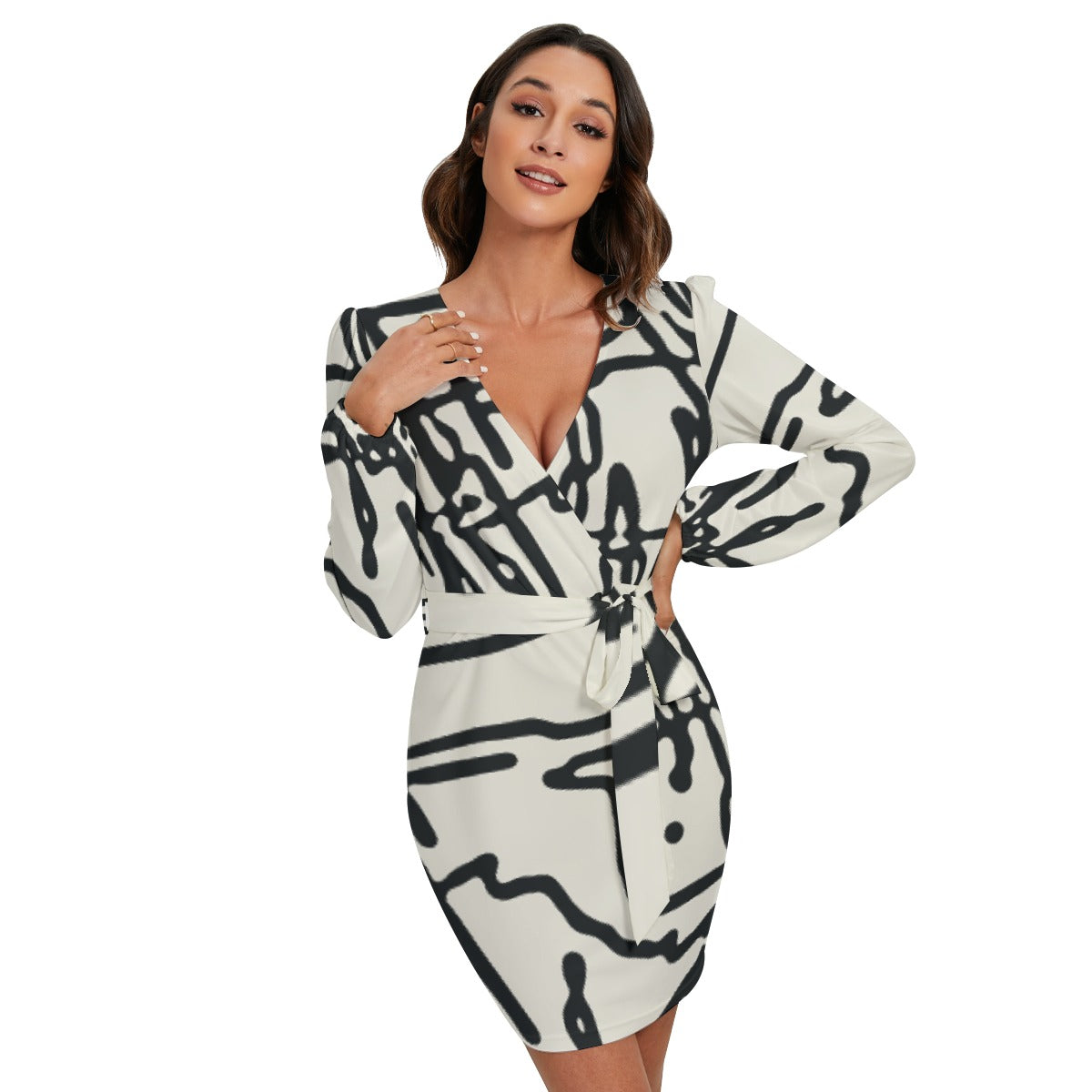 All-Over Print Women's Long Sleeve Dress With Waist Belt