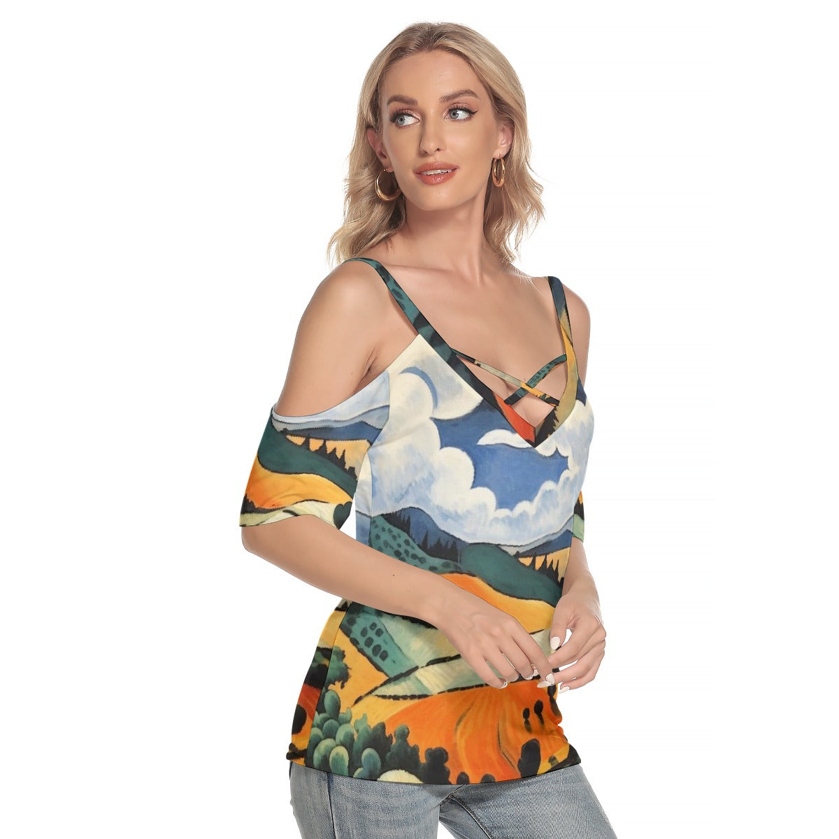 All-Over Print Women's Cold Shoulder T-shirt With Criss Cross Strips