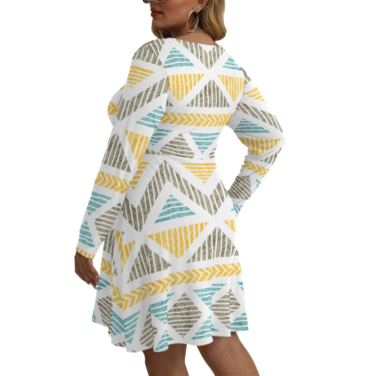 All-Over Print Women's V-neck Long Sleeve Dress(Plus Size)