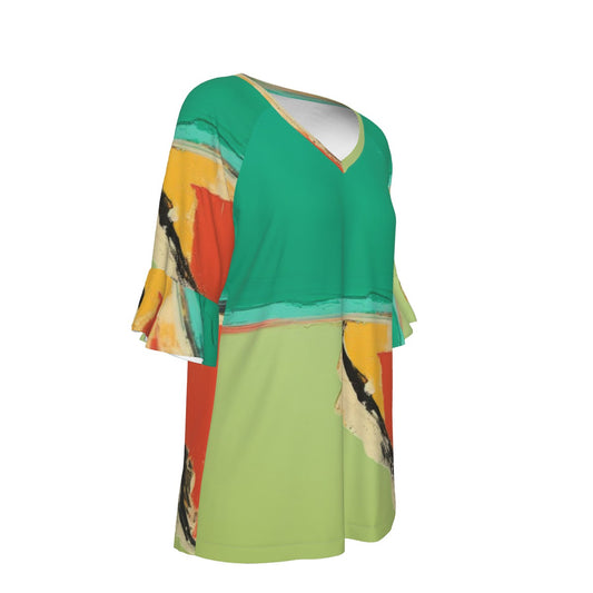 All-Over Print V-neck Women's T-shirt With Bell Sleeve