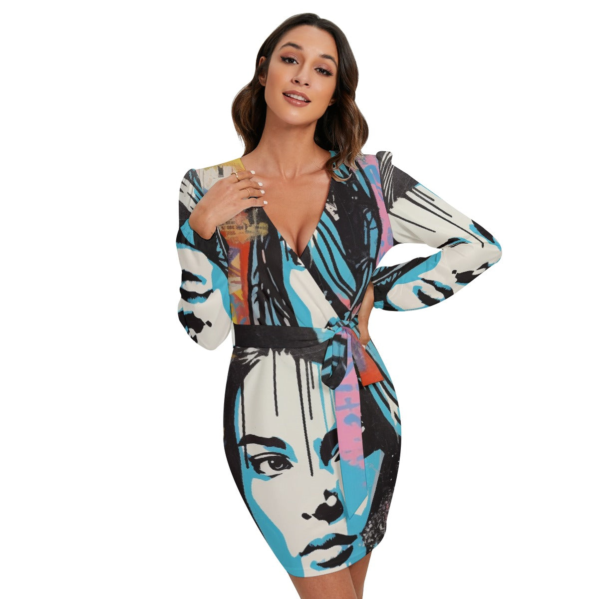 All-Over Print Women's Long Sleeve Dress With Waist Belt