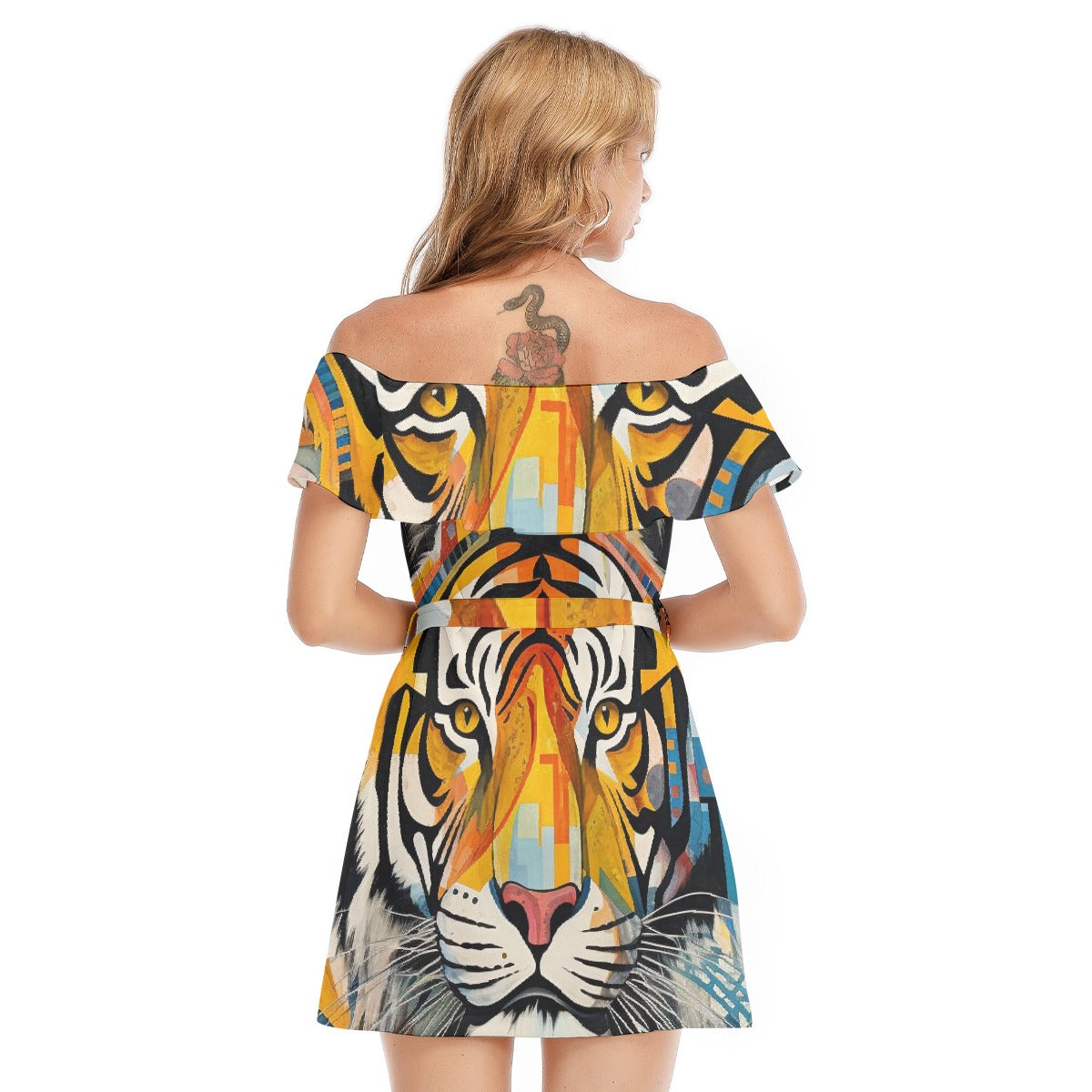 All-Over Print Women's Off-shoulder Dress With Ruffle