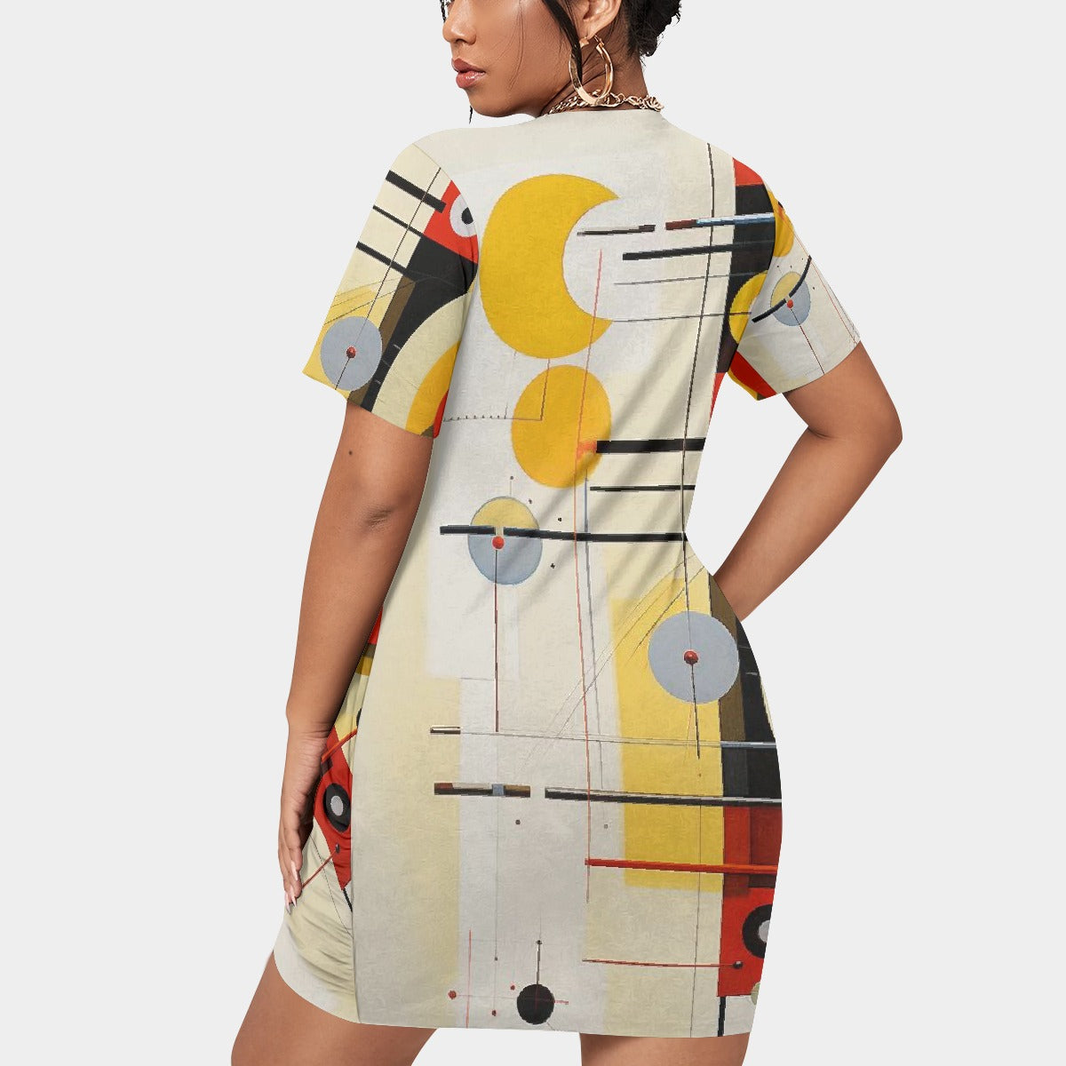 All-Over Print Women’s Stacked Hem Dress With Short Sleeve（Plus Size）