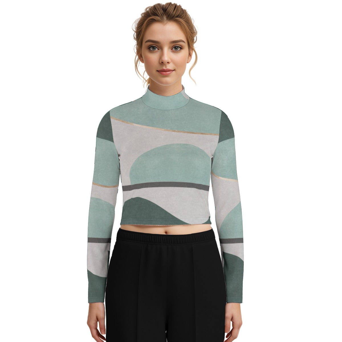 Eco-Friendly All-Over Print Women's Turtleneck T-shirt With Long Sleeve