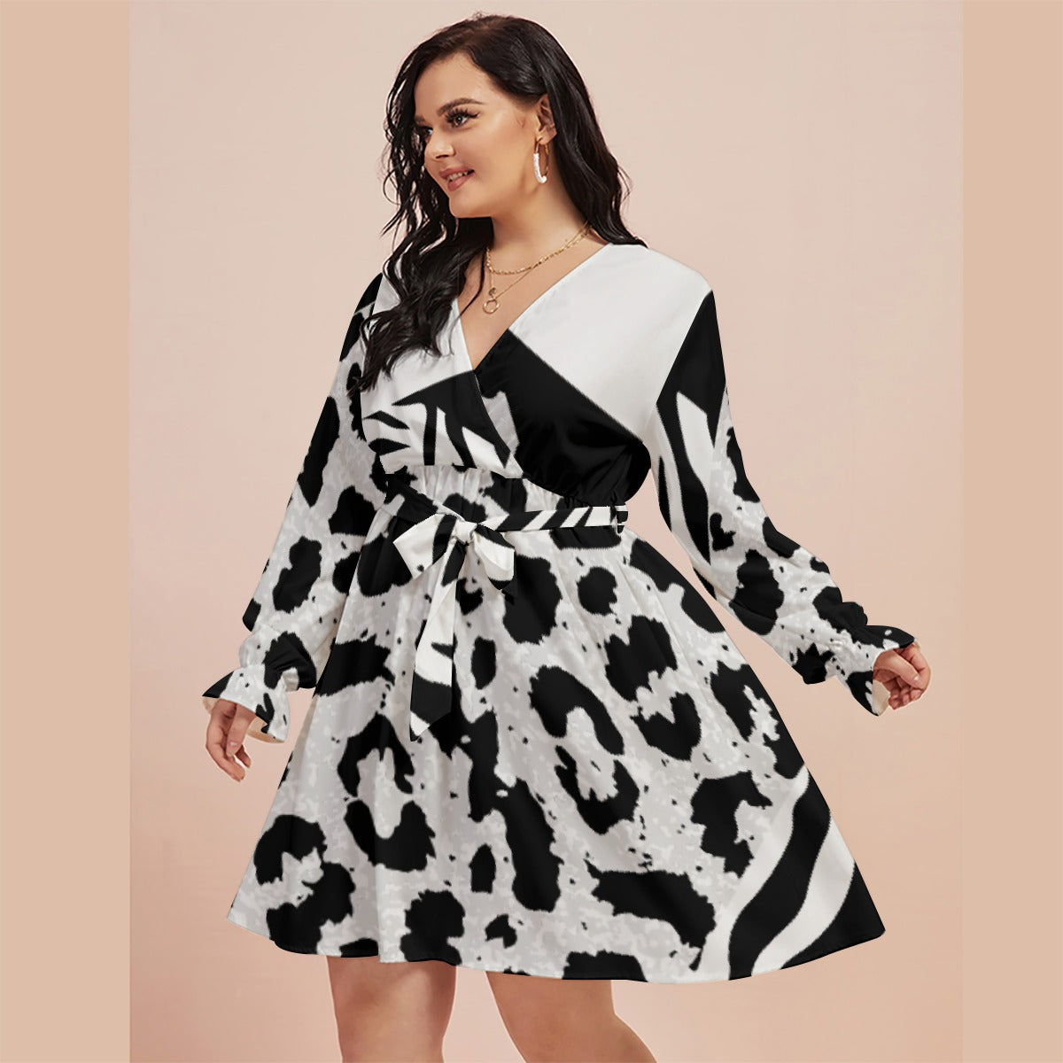 All-Over Print Women's V-neck Dress With Waistband(Plus Size)