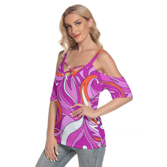 All-Over Print Women's Cold Shoulder T-shirt With Criss Cross Strips