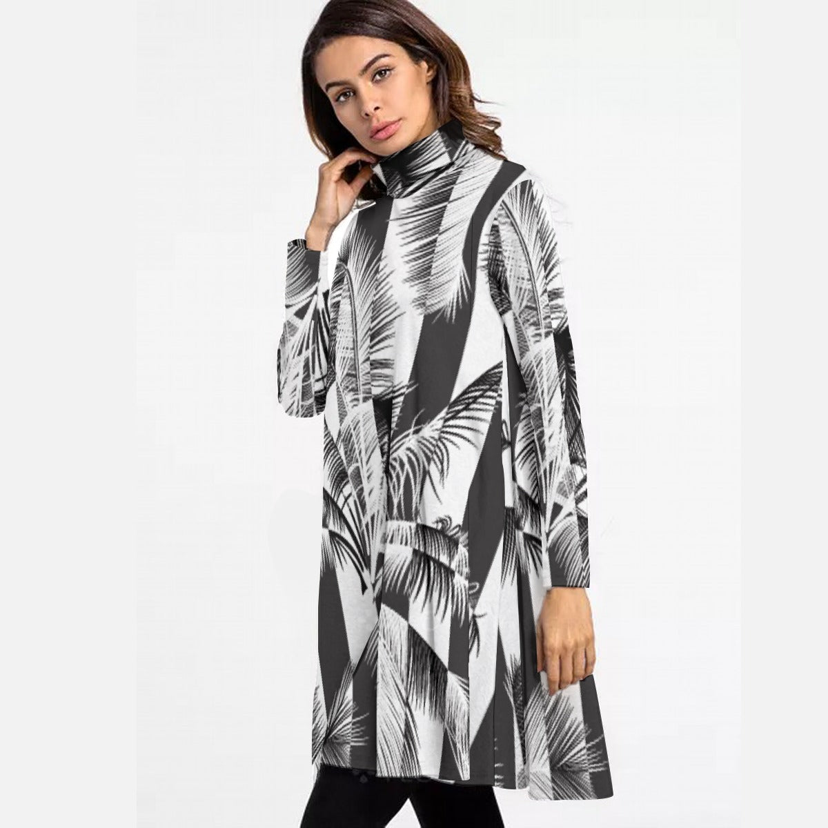 All-Over Print Women's High Neck Dress With Long Sleeve