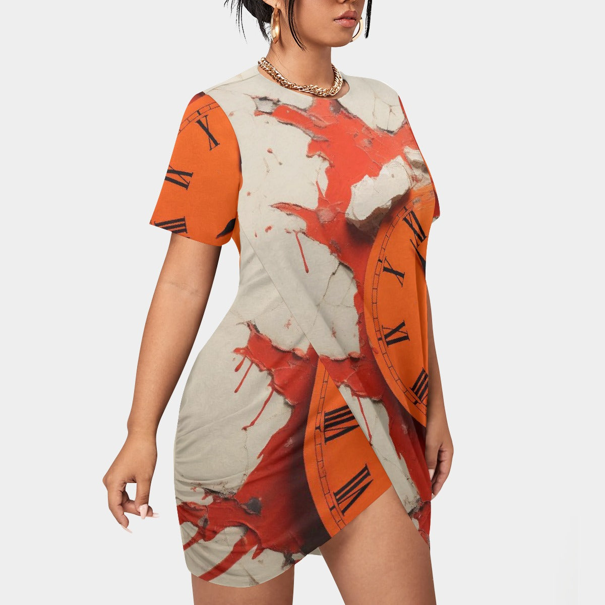 All-Over Print Women’s Stacked Hem Dress With Short Sleeve（Plus Size）