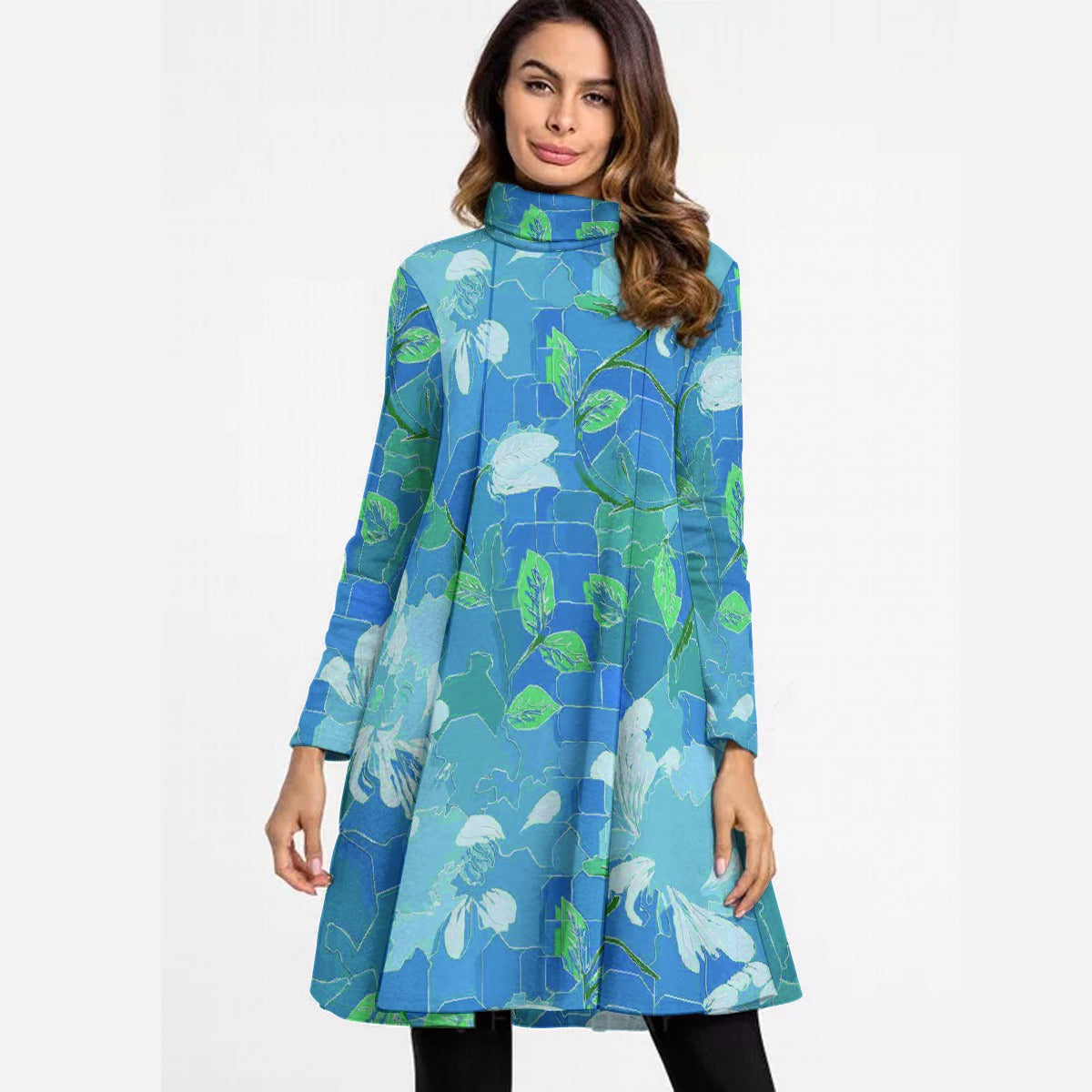 All-Over Print Women's High Neck Dress With Long Sleeve