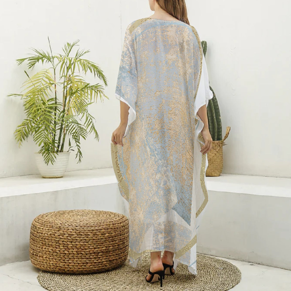 All-Over Print Women's Imitation Silk V-neck Kaftan Robe