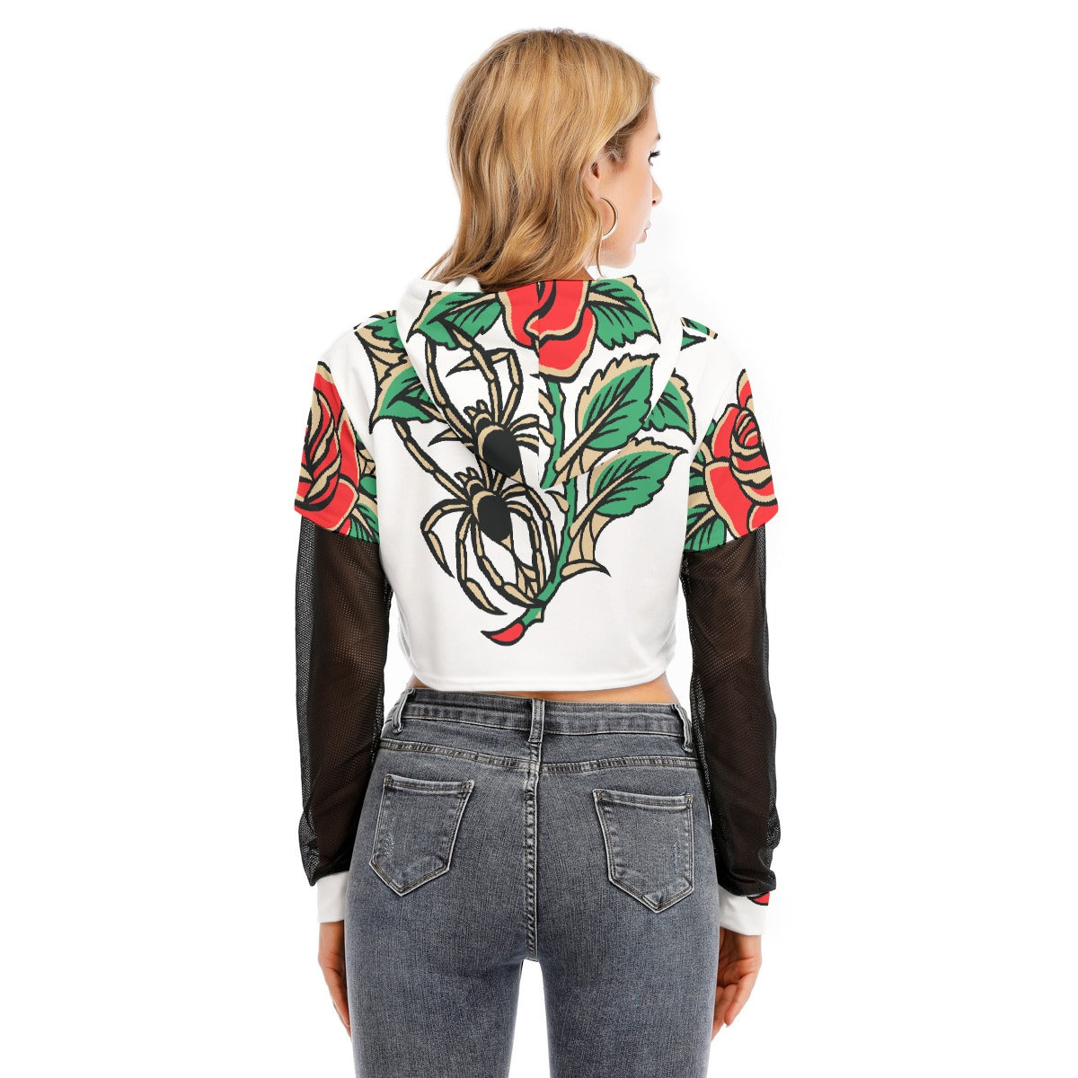 All-Over Print Women's Fake Two-piece Mesh Sleeve Cropped Hoodie