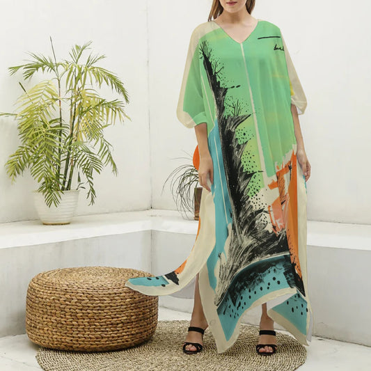 All-Over Print Women's Imitation Silk V-neck Kaftan Robe