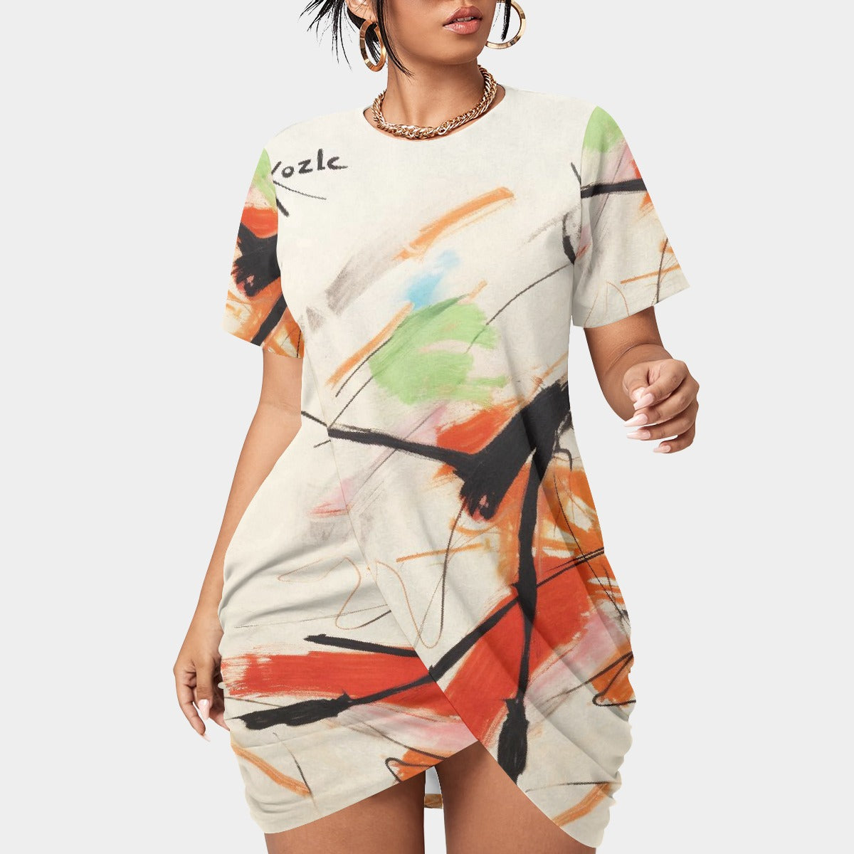 All-Over Print Women’s Stacked Hem Dress With Short Sleeve（Plus Size）