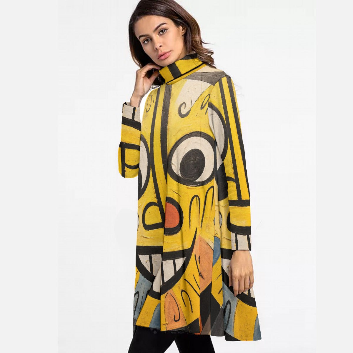 All-Over Print Women's High Neck Dress With Long Sleeve